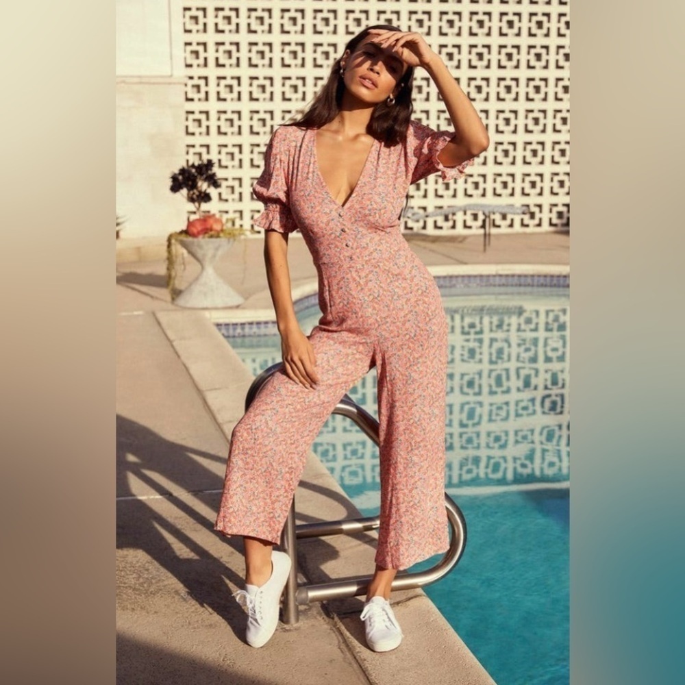 Faithful The Brand Anka Floral Print Puff Sleeve Jumpsuit Pink Orange Small 4